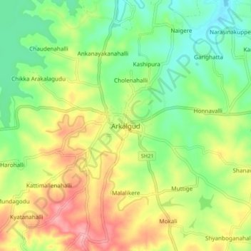 Topografische Karte Arkalgud, Höhe, Relief