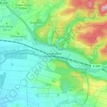 Topografische Karte Scharzfeld, Höhe, Relief