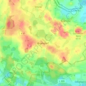 Topografische Karte Bujendorf, Höhe, Relief