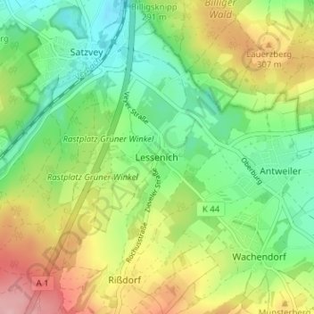 Topografische Karte Lessenich, Höhe, Relief