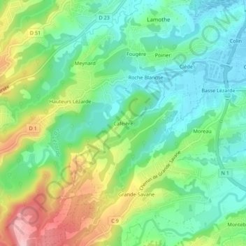 Topografische Karte Caféière, Höhe, Relief
