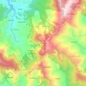 Topografische Karte Bhareliya, Höhe, Relief