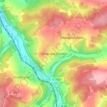 Topografische Karte Unterwürschnitz, Höhe, Relief
