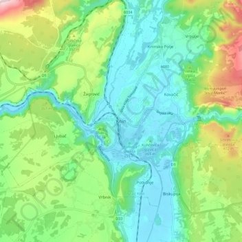 Topografische Karte Knin, Höhe, Relief
