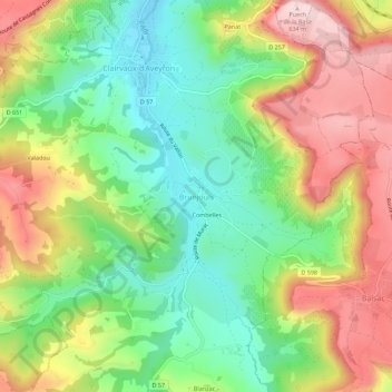 Topografische Karte Bruéjouls, Höhe, Relief