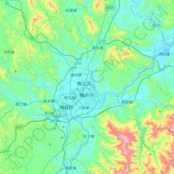 Topografische Karte Meizhou, Höhe, Relief