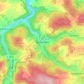 Topografische Karte Gemünden, Höhe, Relief