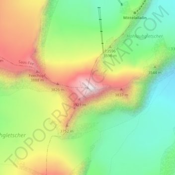 Topografische Karte Allalinhorn, Höhe, Relief