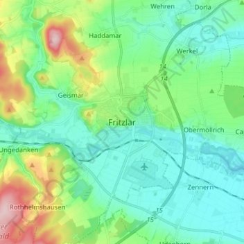 Topografische Karte Fritzlar, Höhe, Relief