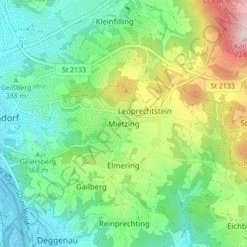 Topografische Karte Mietzing, Höhe, Relief