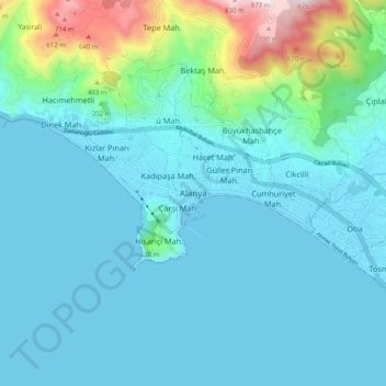 Topografische Karte Alanya, Höhe, Relief