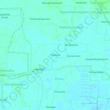 Topografische Karte Thenkasi, Höhe, Relief