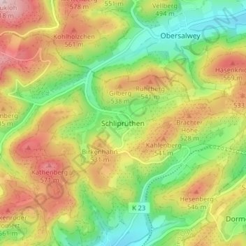 Topografische Karte Schliprüthen, Höhe, Relief