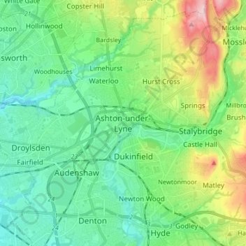 Topografische Karte Ashton-under-Lyne, Höhe, Relief