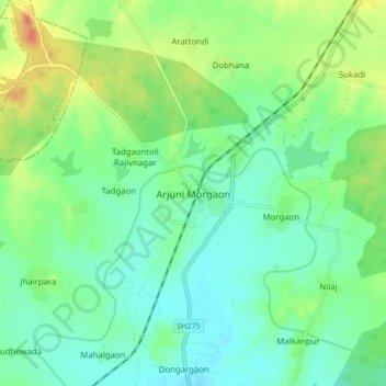 Topografische Karte Arjuni Morgaon, Höhe, Relief