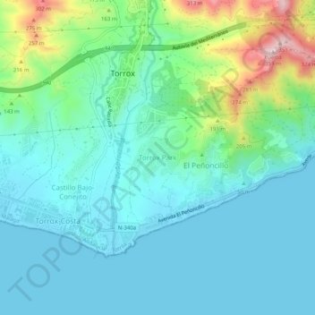 Topografische Karte Torrox Park, Höhe, Relief