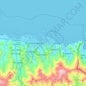 Topografische Karte Puerto Cabello, Höhe, Relief
