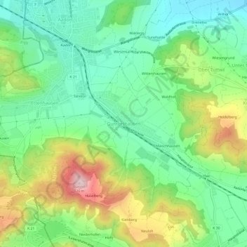 Topografische Karte Guntershausen, Höhe, Relief