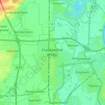 Topografische Karte Frankenthal (Pfalz), Höhe, Relief