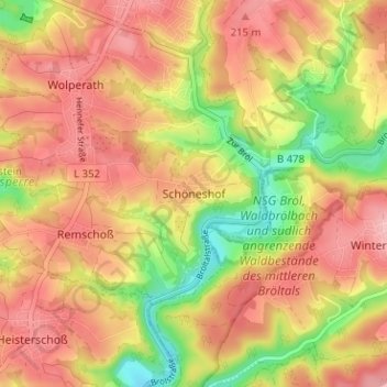Topografische Karte Schöneshof, Höhe, Relief