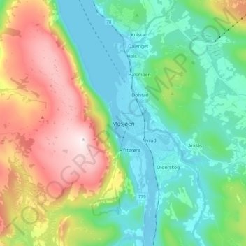 Topografische Karte Mosjøen - Mussere, Höhe, Relief