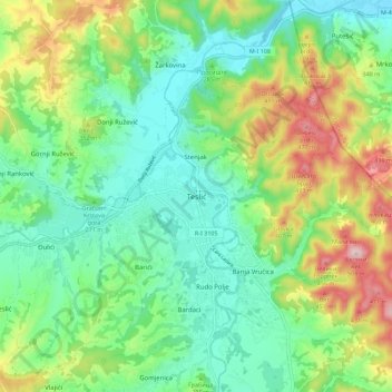 Topografische Karte Teslić, Höhe, Relief
