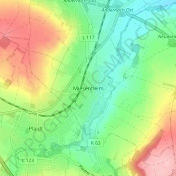 Topografische Karte Miesenheim, Höhe, Relief
