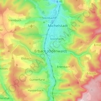 Topografische Karte Erbach (Odenwald), Höhe, Relief