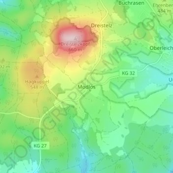 Topografische Karte Modlos, Höhe, Relief