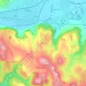 Topografische Karte Bellevue, Höhe, Relief