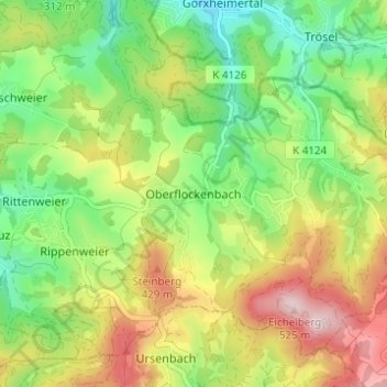 Topografische Karte Oberflockenbach, Höhe, Relief