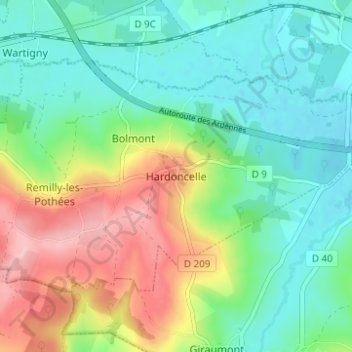 Topografische Karte Hardoncelle, Höhe, Relief