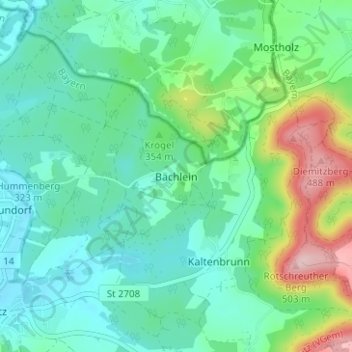 Topografische Karte Bächlein, Höhe, Relief