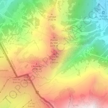 Topografische Karte Croix de Fer, Höhe, Relief