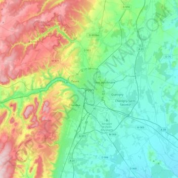 Topografische Karte Dijon, Höhe, Relief