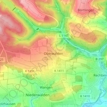 Topografische Karte Oberwälden, Höhe, Relief