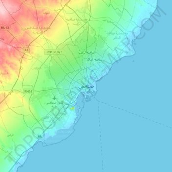 Topografische Karte Sfax, Höhe, Relief