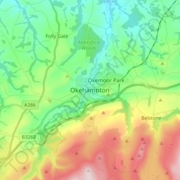 Topografische Karte Okehampton, Höhe, Relief