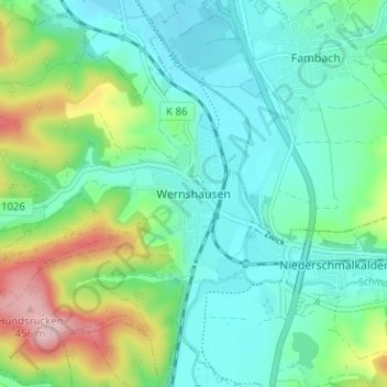Topografische Karte Wernshausen, Höhe, Relief