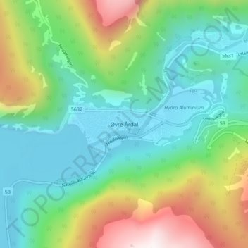Topografische Karte Øvre Årdal, Höhe, Relief