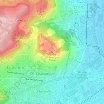Topografische Karte Puy de Chanturgue, Höhe, Relief