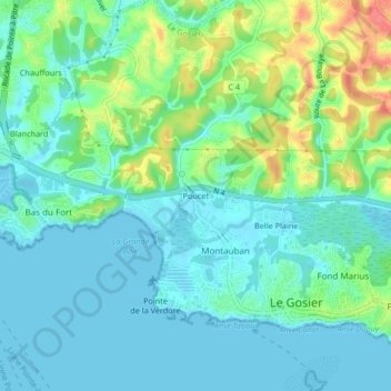 Topografische Karte Poucet, Höhe, Relief