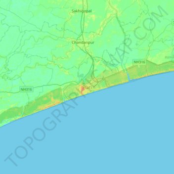 Topografische Karte Puri, Höhe, Relief