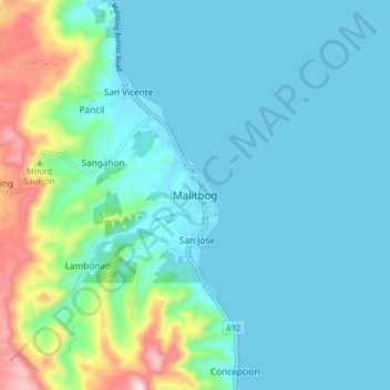 Topografische Karte Malitbog, Höhe, Relief