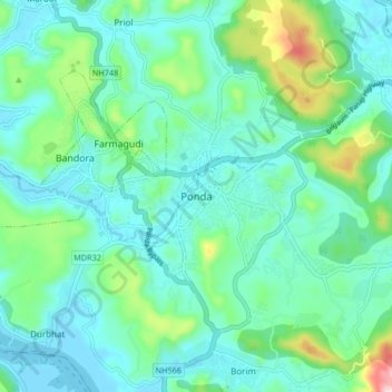 Topografische Karte Ponda, Höhe, Relief