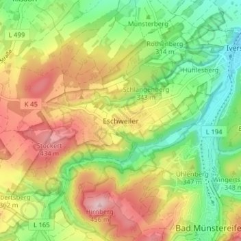 Topografische Karte Eschweiler, Höhe, Relief