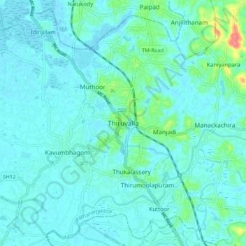 Topografische Karte Thiruvalla, Höhe, Relief