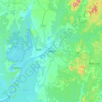 Topografische Karte Edéa, Höhe, Relief