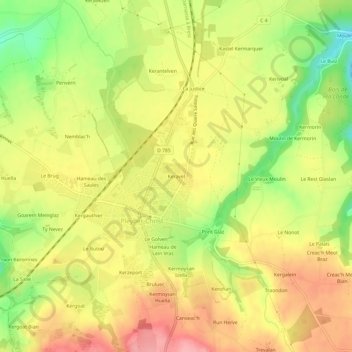 Topografische Karte Keravel, Höhe, Relief