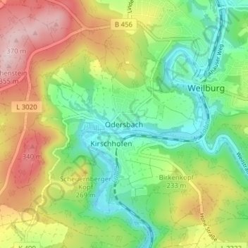 Topografische Karte Odersbach, Höhe, Relief